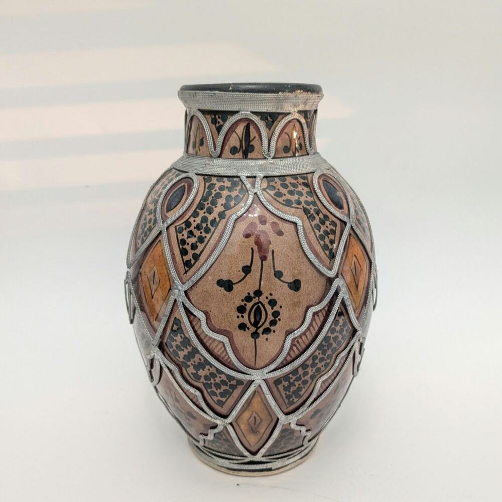 Moroccan Safi Pottery Vase Maillechort Filigree Hand Painted Terracotta Signed